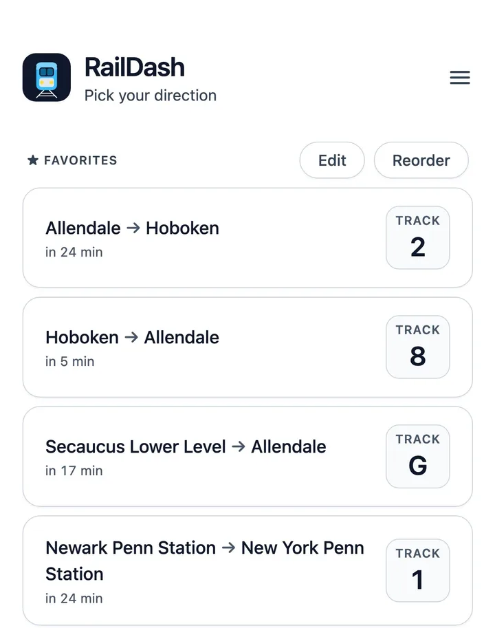RailDash favorites: Allendale to Hoboken in 24 minutes on track 2, and other trips with their track numbers.